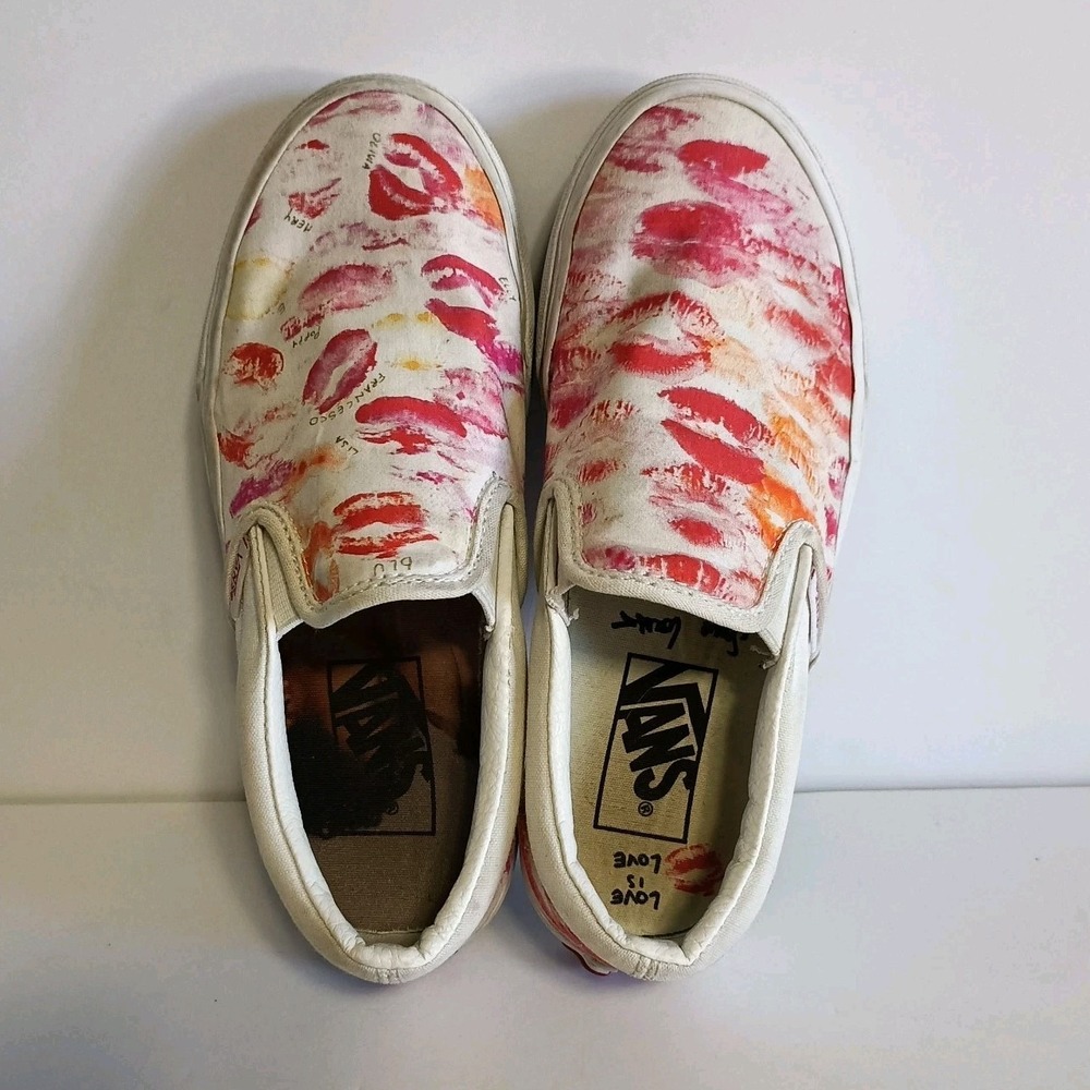 Vans Slip-On Sneakers White with Red Pink Orange Lip Print